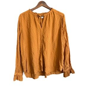 LOFT Womens Mustard Yellow Textured Dot Long Sleeve V‎ Neck Tie Blouse Top XL
